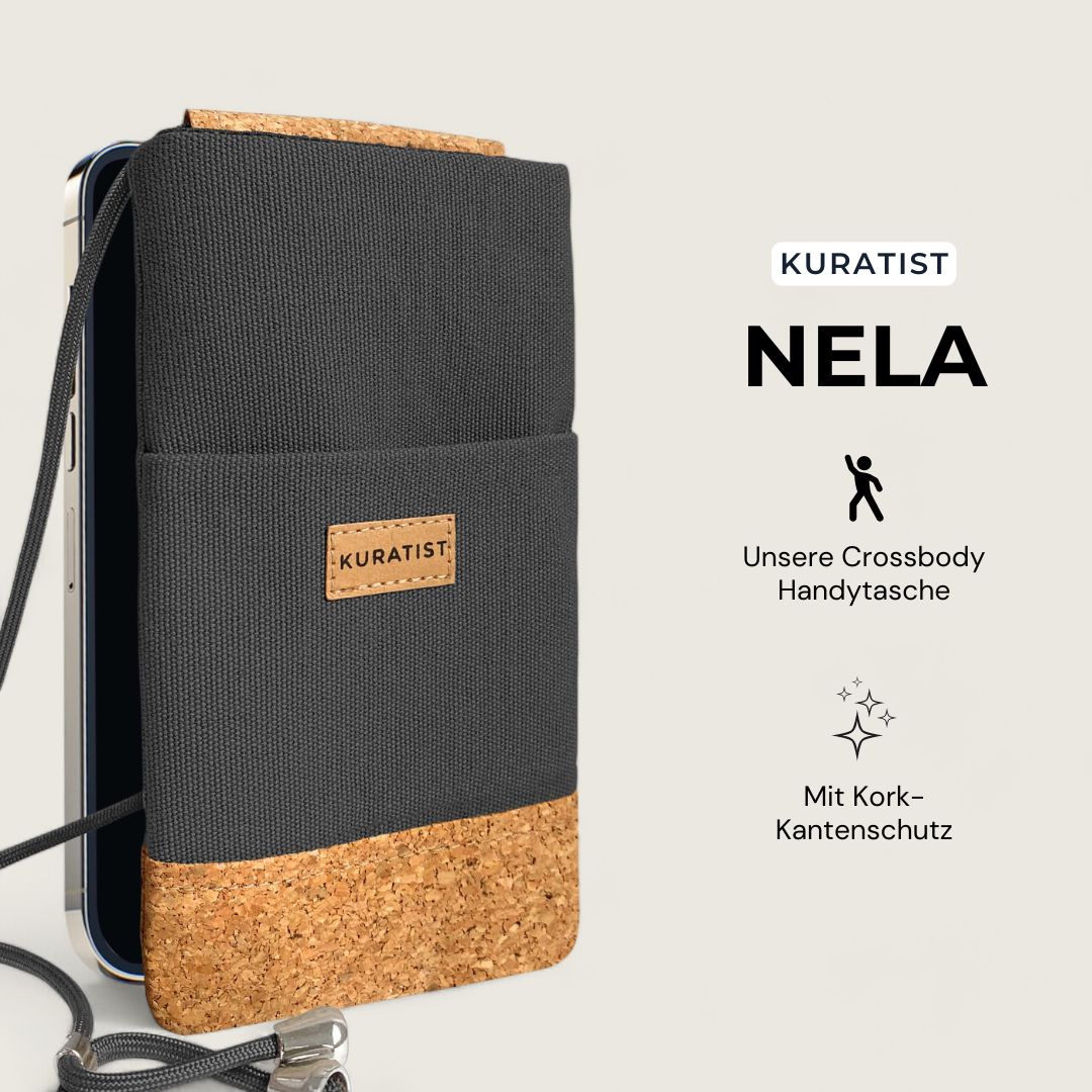 NELA Handy Umhängetasche - Handytasche zum Umhängen - Warm Charcoal Cork - Kuratist